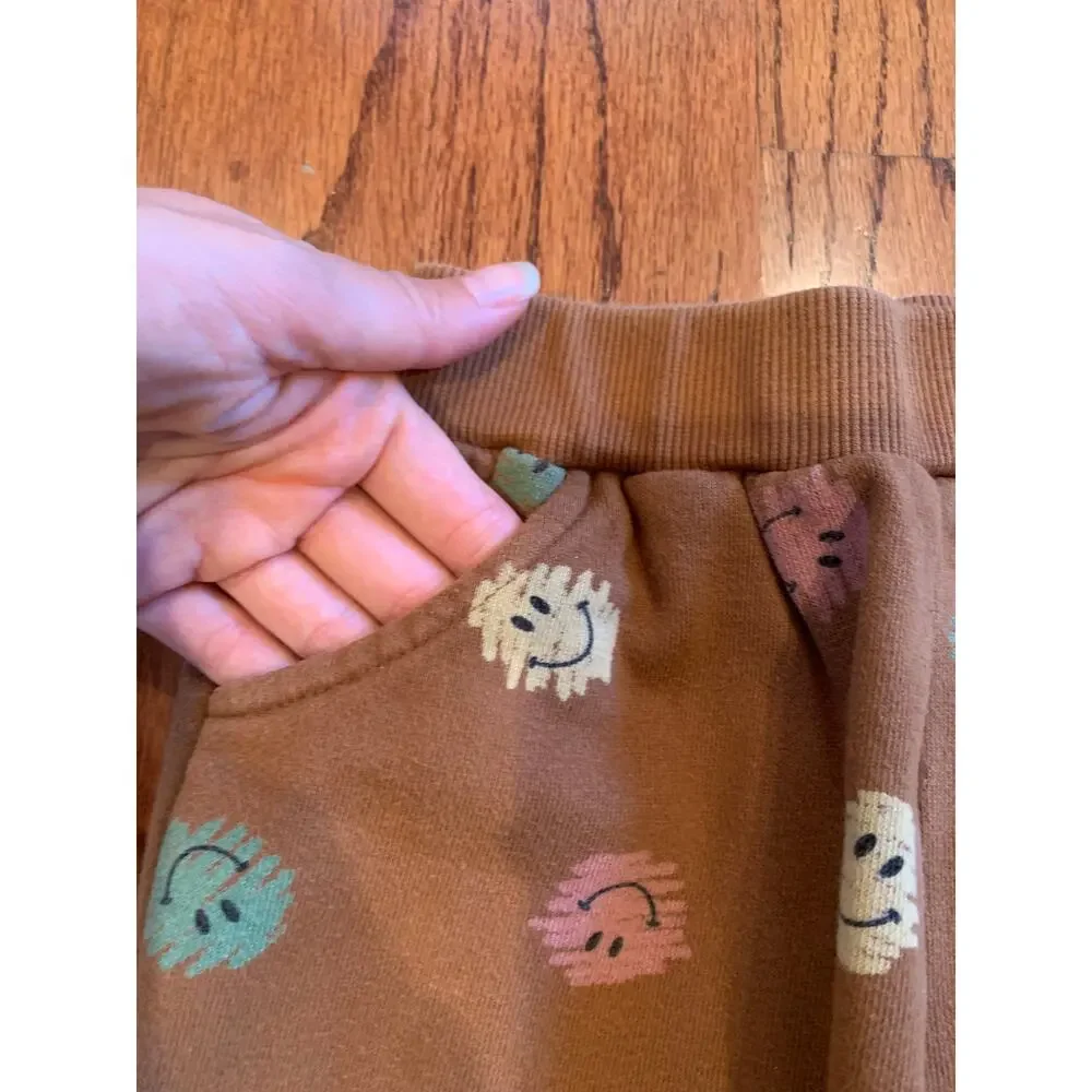 Smitn Bebe Scribble Happy Face Cotton Matching Sweatsuit Set | Brown | Small